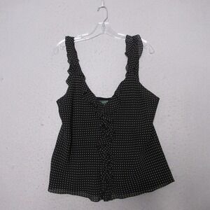 Lauren Ralph Lauren Tank Top Women Large Black Silk Polka Dot Ruffle Romantic